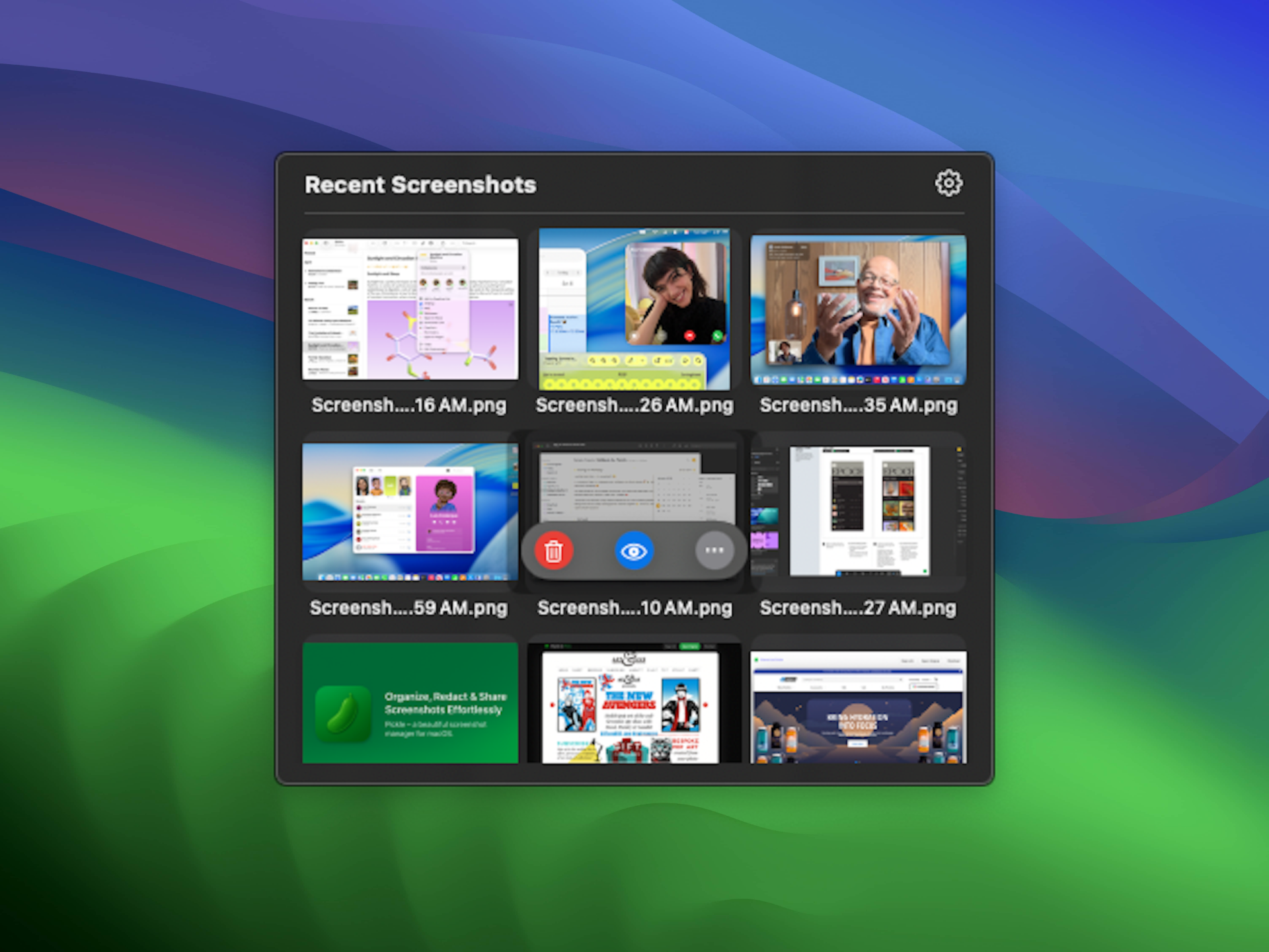 Pickle app interface showing organized screenshots grouped by date with quick actions